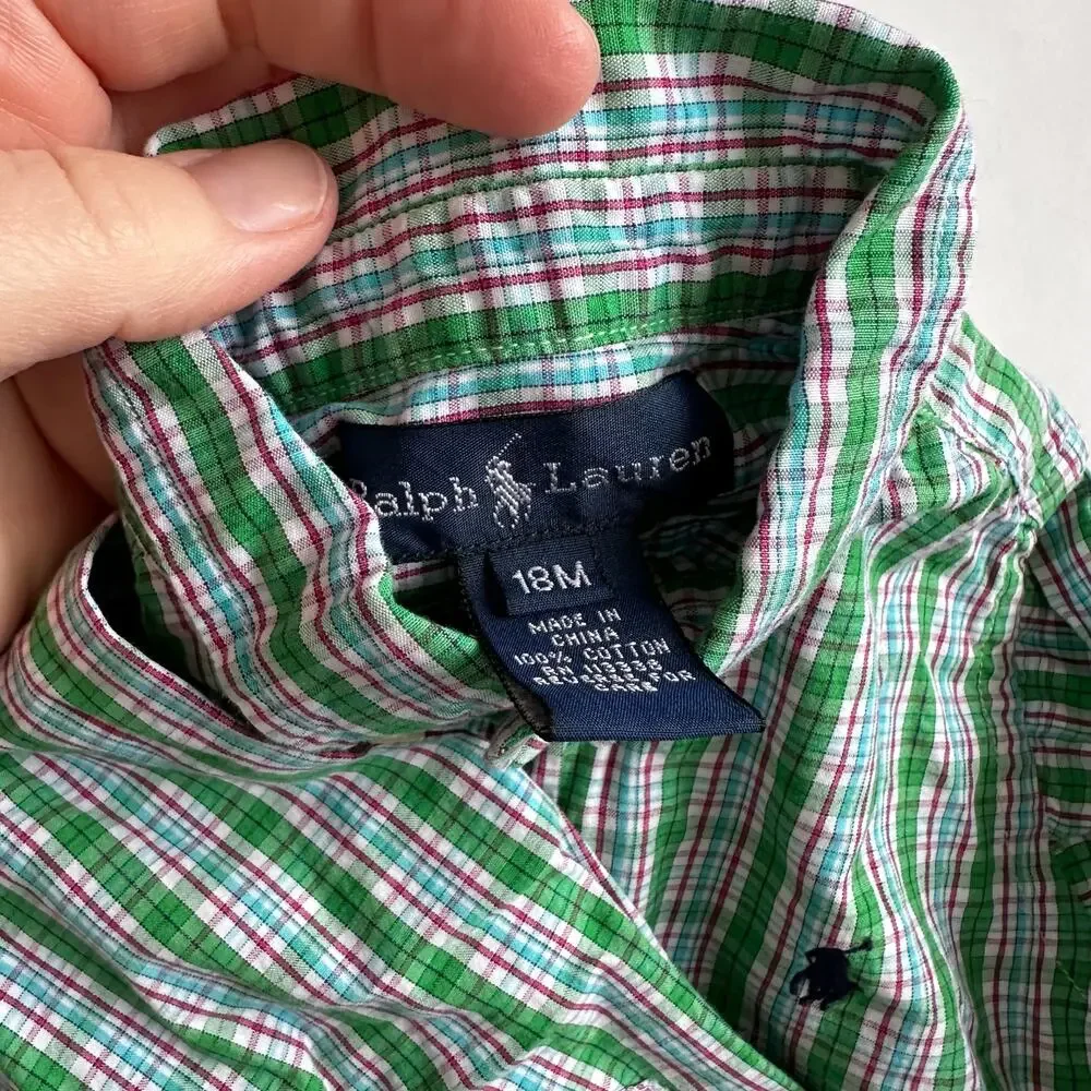 Ralph Lauren Green Plaid Holiday Button-Down Shirt 18M